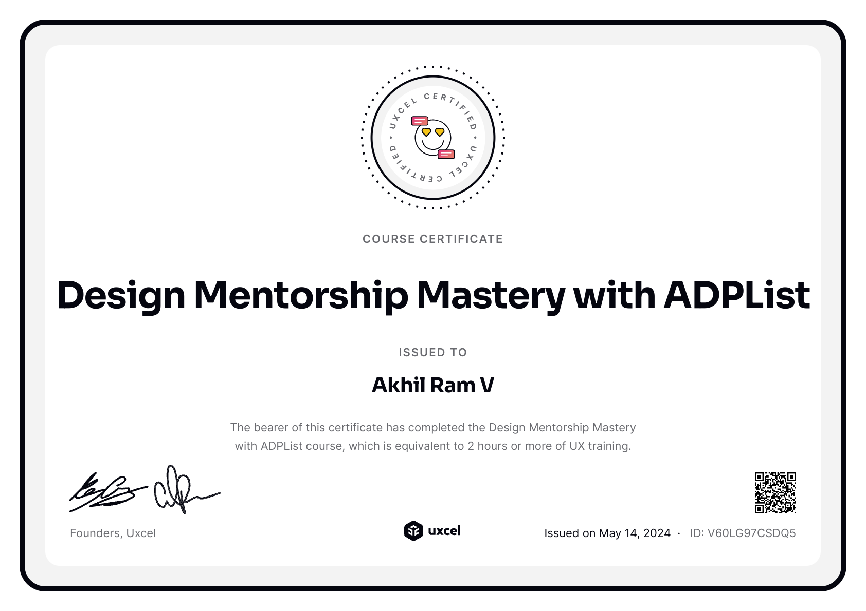Akhil Ram V's certificate